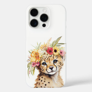 Cheetah Flower Crown Art Watercolor Safari Floral iPhone 16 Pro Case