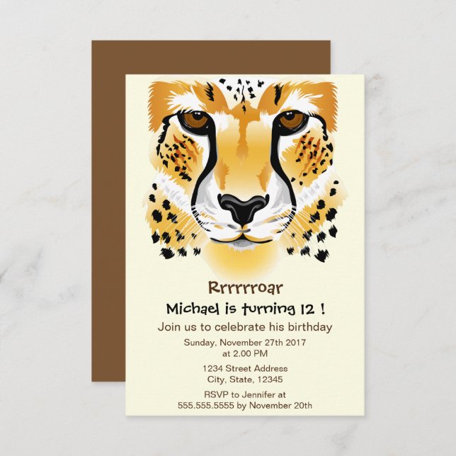 cheetah head close-up illustration birthday party invitation (Front/Back)