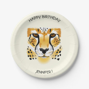 cheetah head close-up illustration name birthday paper plate