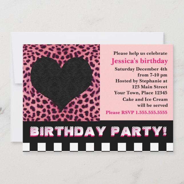 Cheetah Heart Birthday Party - Pink Invitation (Front)