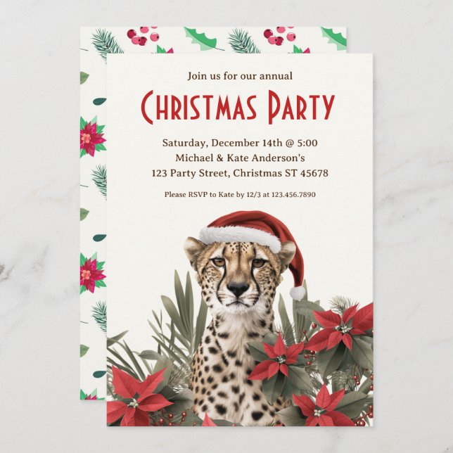 Cheetah in a Santa Hat Poinsettias Christmas Party Invitation (Front/Back)