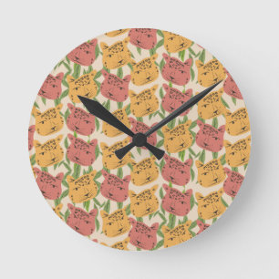 Cheetah Jungle Plants Greenery Coral Green Round Clock