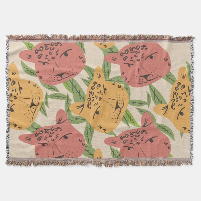 Cheetah Jungle Plants  Greenery Coral Green Throw Blanket (Front)