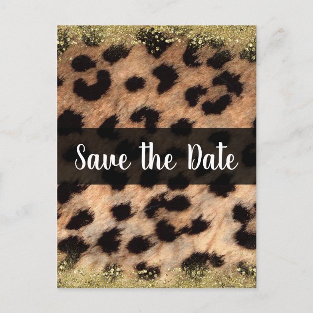 Cheetah Leopard Animal Print Gold Save the Date Announcement Postcard (Front)