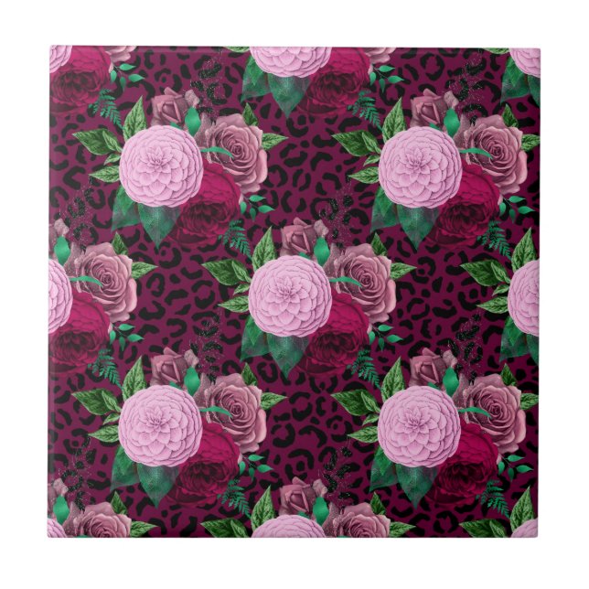 Cheetah Leopard Floral Flower Pattern Ceramic Tile (Front)