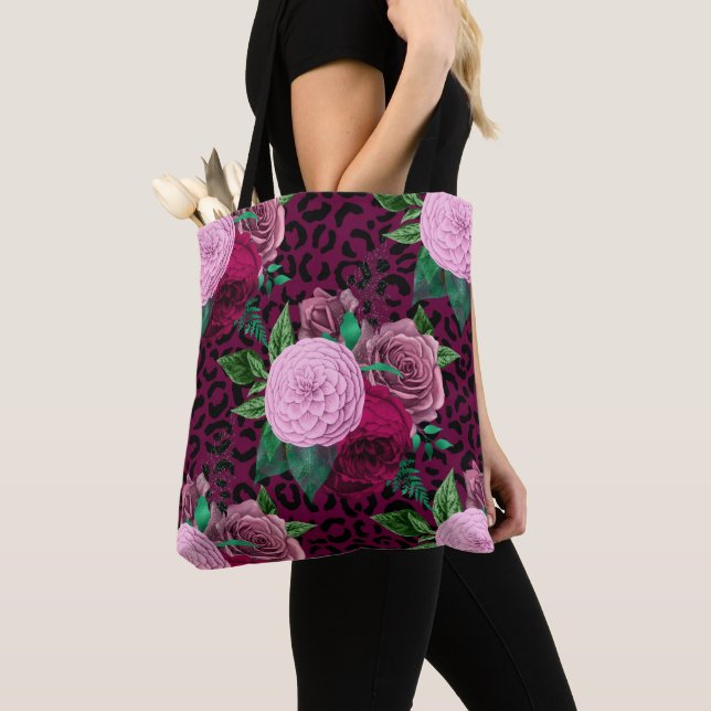 Cheetah Leopard Floral Flower Pattern Tote Bag (Close Up)
