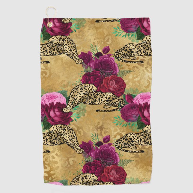 Cheetah Leopard Red Rose Floral Flower Pattern Golf Towel (Front)