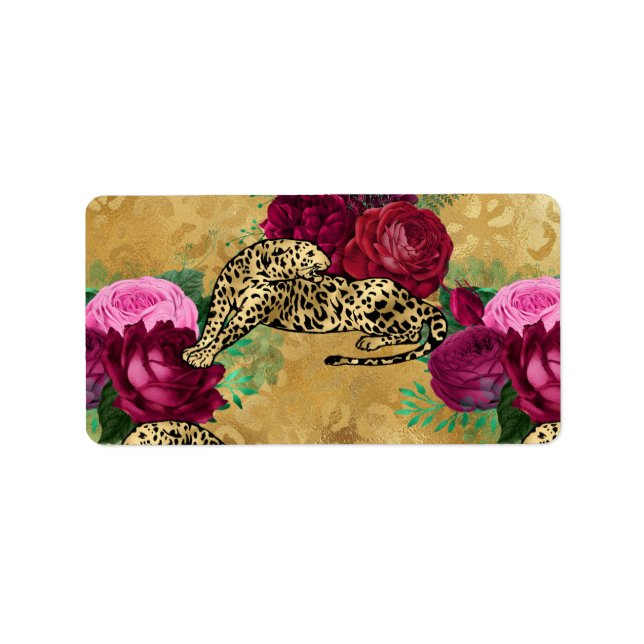 Cheetah Leopard Red Rose Floral Flower Pattern Label (Front)