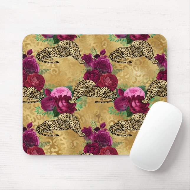 Cheetah Leopard Red Rose Floral Flower Pattern Mouse Pad (With Mouse)