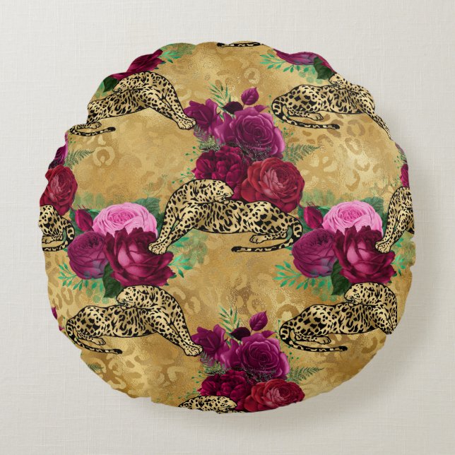 Cheetah Leopard Red Rose Floral Flower Pattern Round Cushion (Front)
