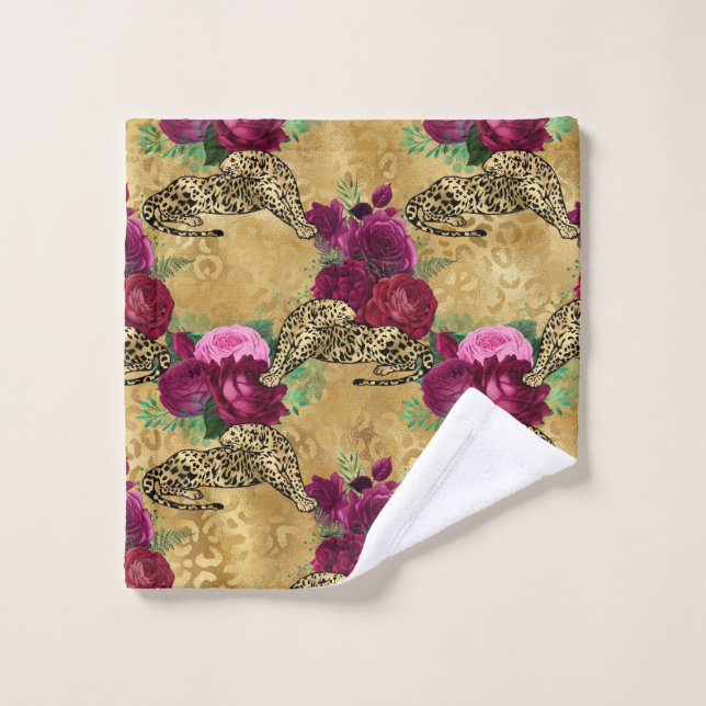 Cheetah Leopard Red Rose Floral Flower Pattern Wash Cloth (Wash Cloth)