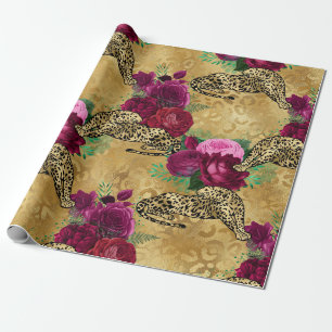 Cheetah Leopard Red Rose Floral Flower Pattern Wrapping Paper