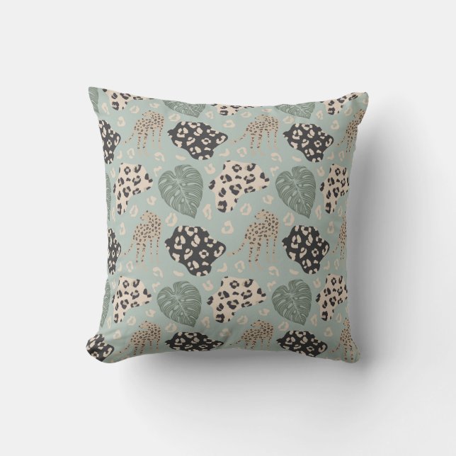 Cheetah Monstera Pattern Green Beige Black Cushion (Front)