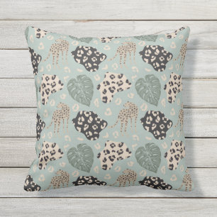 Cheetah Monstera Pattern Green Beige Black Cushion