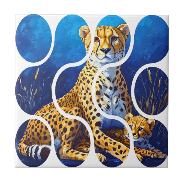 Cheetah Mother and Cub Wildlife Design Ceramic Tile (Front)