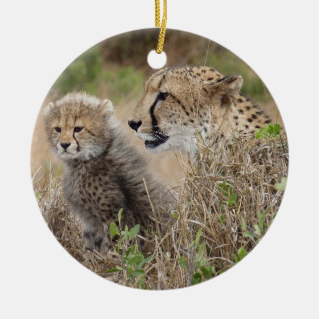 Cheetah Mum and Cub Ceramic Tree Decoration (Front)