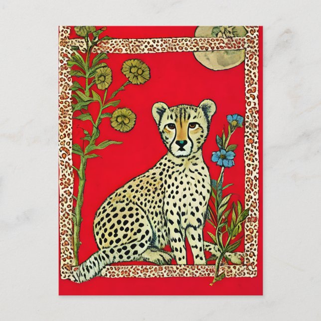 Cheetah on a Red Background With Flowers Postcard (Front)