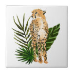 Cheetah Outlook Ceramic Tile<br><div class="desc">Cheetah Outlook I by Annie Warren. A cheetah in a watercolor style looks on with tropical green leaves in the background. | 164730Z</div>