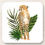 Cheetah Outlook Coaster<br><div class="desc">Cheetah Outlook I by Annie Warren. A cheetah in a watercolor style looks on with tropical green leaves in the background. | 164730Z</div>