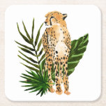 Cheetah Outlook Square Paper Coaster<br><div class="desc">Cheetah Outlook I by Annie Warren. A cheetah in a watercolor style looks on with tropical green leaves in the background. | 164730Z</div>