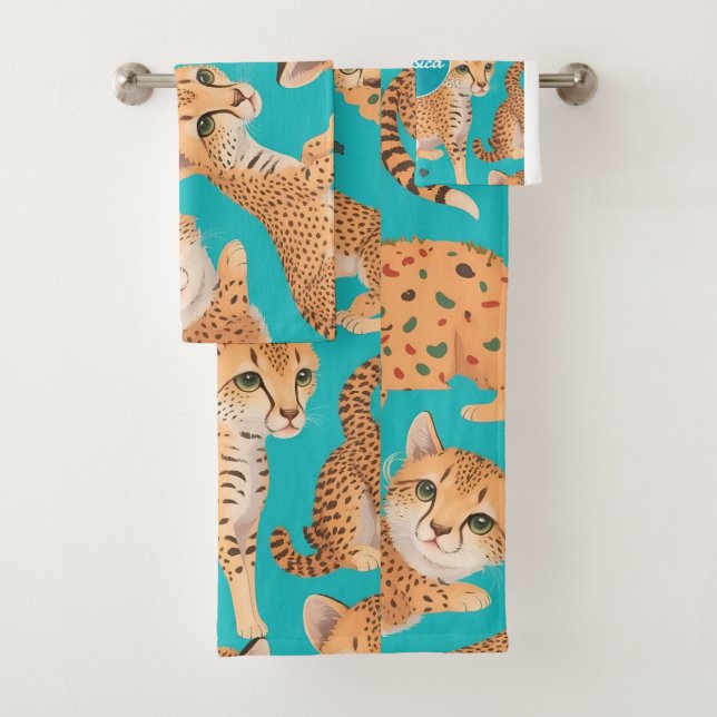 Cheetah Pastel Colourful Personalised Pattern Bath Towel Set (Insitu)