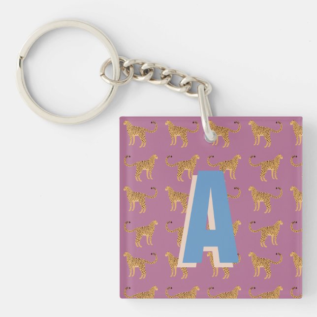 Cheetah, pink leopard monogrammed key ring (Front)
