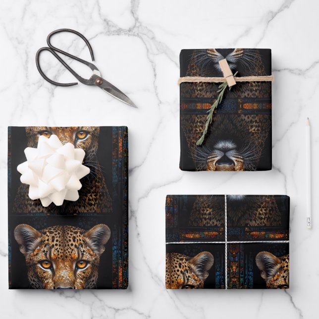 Cheetah portrait set on mosaic black wrapping paper sheet (Front)