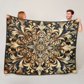 Cheetah Print Acanthus Leaf Floral Petal Accent Fleece Blanket