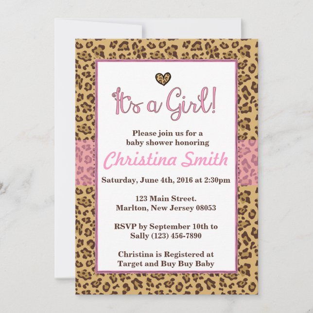 Cheetah Print Baby Shower Invitations for a Girl (Front)