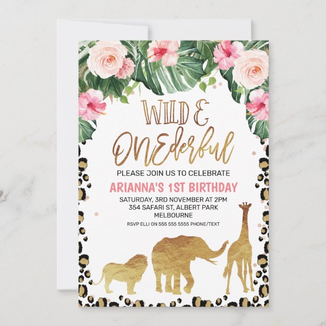 Cheetah Print Floral Gold Safari Wild One Birthday Invitation (Front)