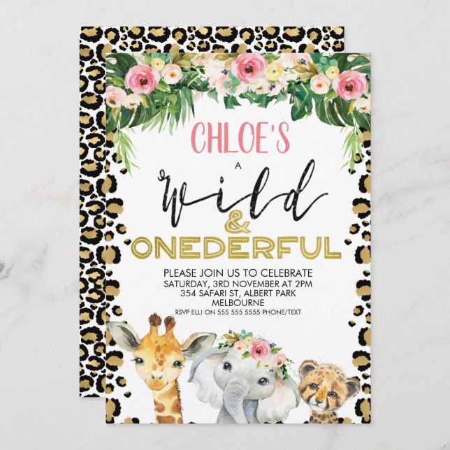 Cheetah Print Floral Onederful Birthday Invitation (Front/Back)