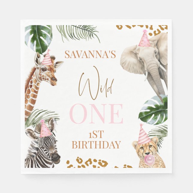 Cheetah Print Girls Safari Wild One 1st Birthday Napkin (Front)