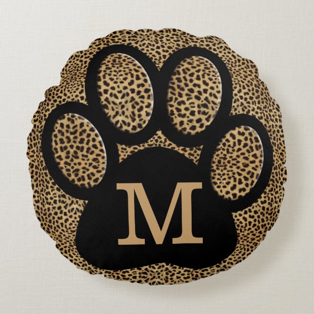 Cheetah Print Monogrammed Cat Paw Print Round Cushion (Front)