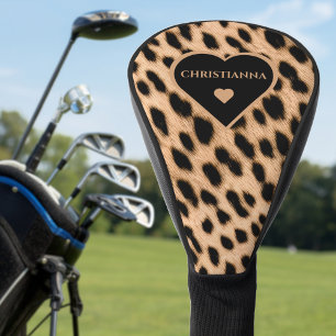 Cheetah Print Pattern Tan Brown & Black Heart Golf Head Cover