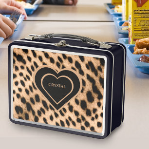 Cheetah Print Pattern Tan Brown & Black Heart Metal Lunch Box