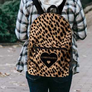 Cheetah Print Pattern Tan Brown & Black Heart Printed Backpack
