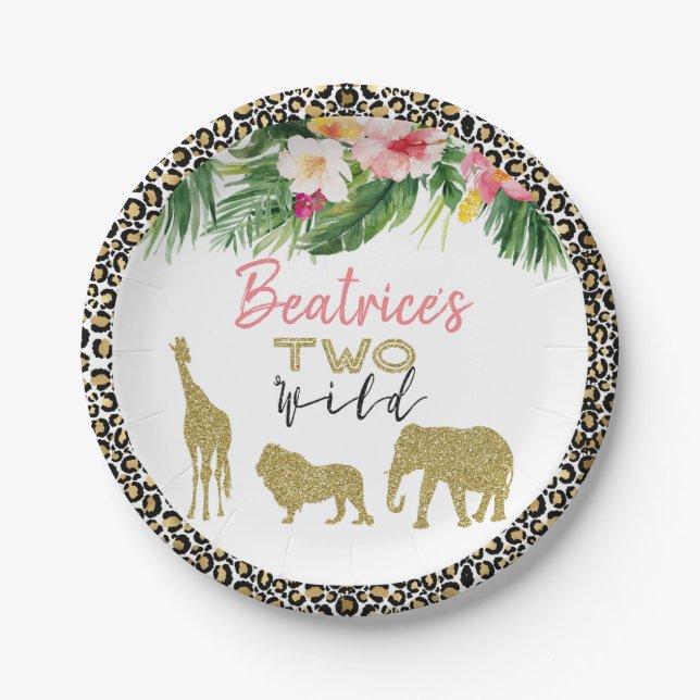 Cheetah Print Safari Glitter Two Wild Birthday  Paper Plate (Front)