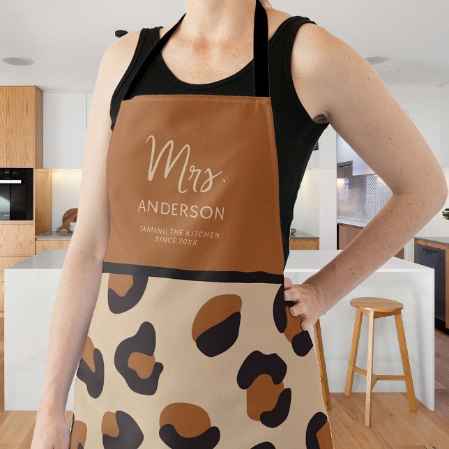 Cheetah Print Taming Kitchen Brown Black Funny Apron (funny apron bride bridal newlywed bachelorette gift personalized christmas thanksgiving wild animal)
