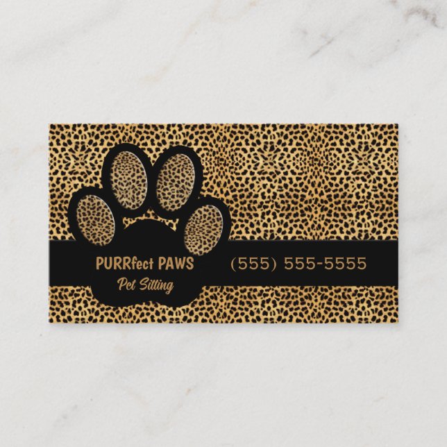 Cheetah Print with Custom Paw Pet Sitter Business Card (Front)
