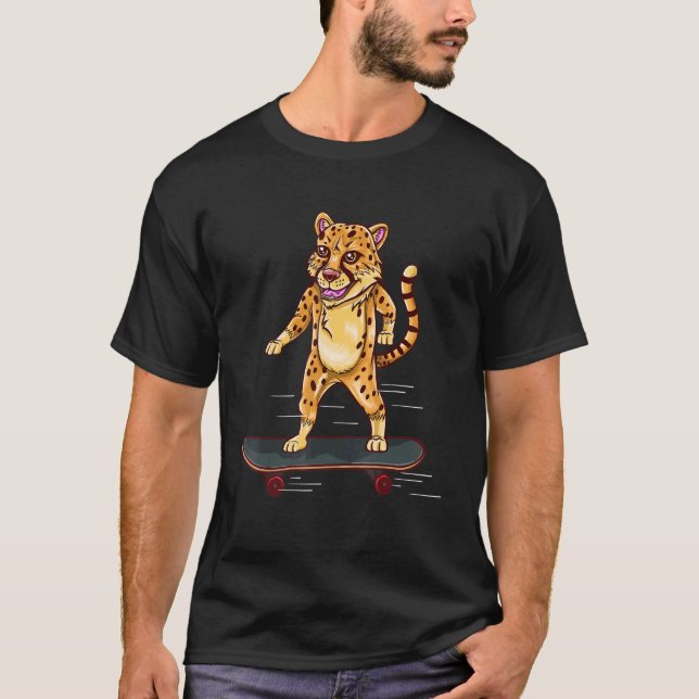 Cheetah Riding Skateboard Zoo Animal T-Shirt (Front)
