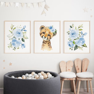Cheetah, Safari, Jungle, Blue Flowers, Boy Nursery