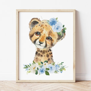 Cheetah, Safari, Jungle, Blue Flowers, Boy Nursery Photo Print
