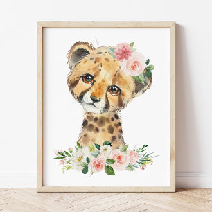 Cheetah, Safari, Pink Flowers, Girl Nursery Poster