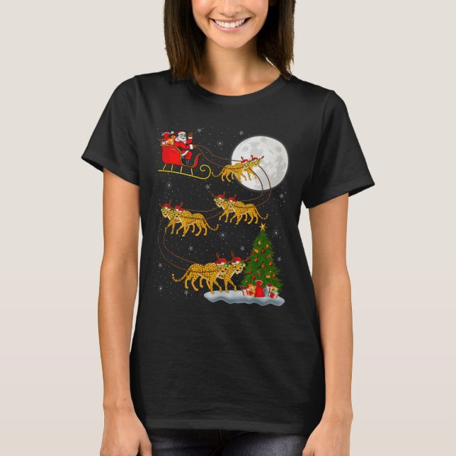 Cheetah Santa Sleigh Flying Funny Magical Christma T-Shirt (Front)
