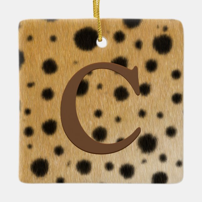 Cheetah Spots Fur Brown Monogram & Custom Message Ceramic Ornament (Front)