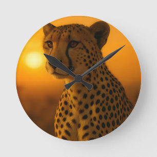 Cheetah Sunset Portrait Round Clock