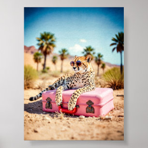 Cheetah Travel Print, Retro Desert Wall Art, Pink  Poster