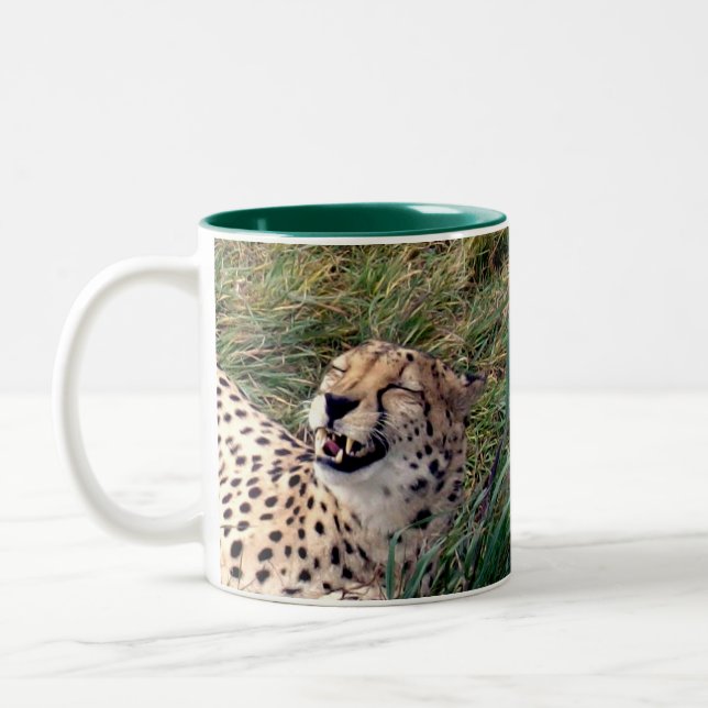 Cheetah With A Huge Grin On Her Face, Two-Tone Coffee Mug (Left)