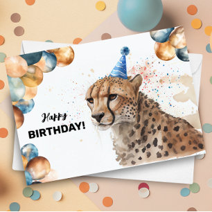 Cheetah with Balloons and Party Hat Happy Birthday Card