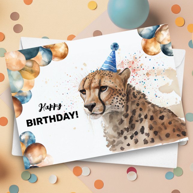 Cheetah with Balloons and Party Hat Happy Birthday Card (Creator Uploaded)